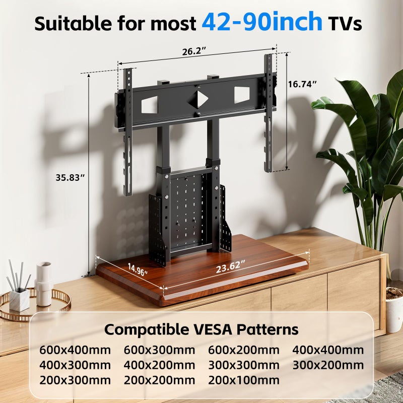 BEISHI Universal Swivel TV Stand with Pegboard Storage,Height Adjustable Table top TV Stand Mount for 42-90 Inch TVs,up to 150 lbs with Large Wooden Base for Stability,Max VESA 600x400mm (Walnut) - Image 3