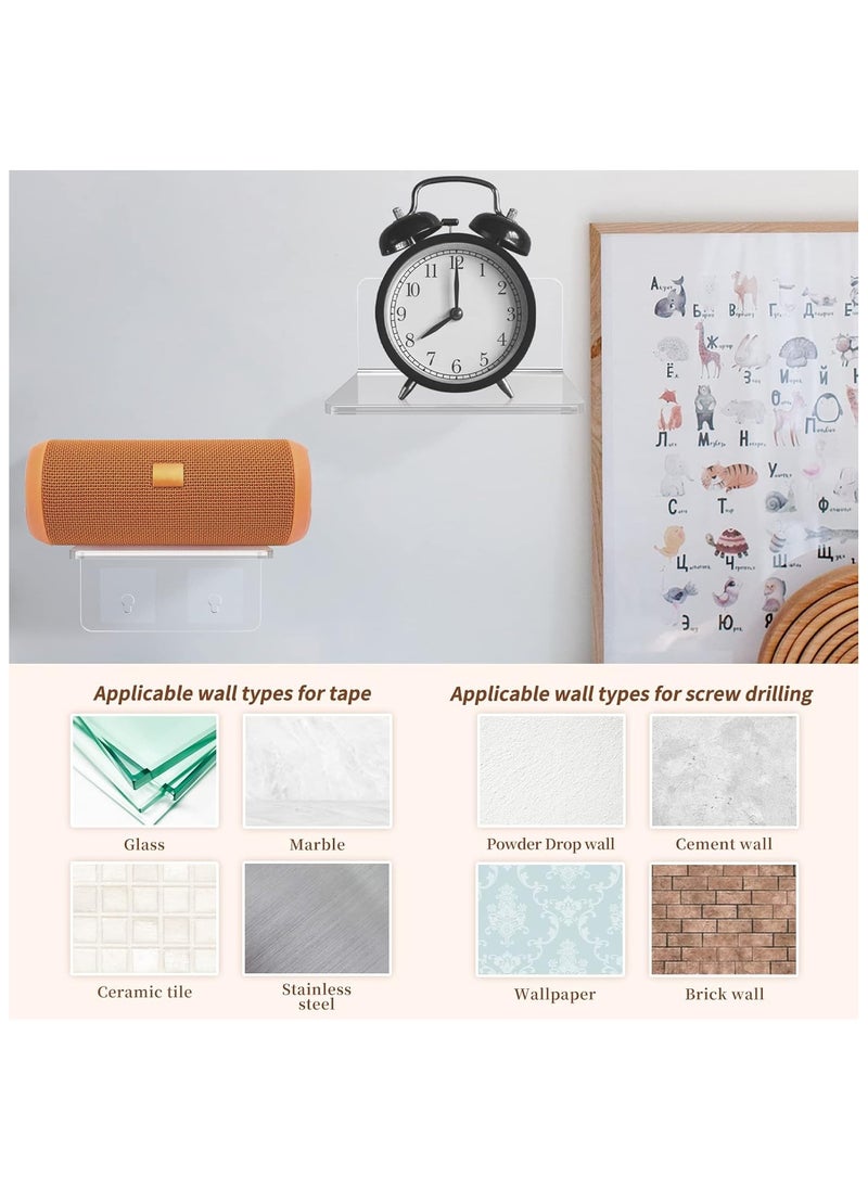 12 Pack Small Acrylic Floating Wall Shelves with Adhesive Tape and Screw, Wall Mounted Adhesive Display Shelf Clear Acrylic Display Stand for Plants Amiibo Funko POP Figures Bathroom
