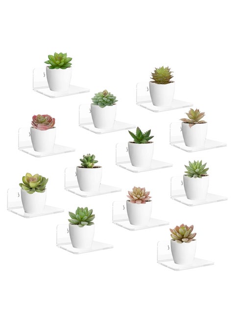 12 Pack Small Acrylic Floating Wall Shelves with Adhesive Tape and Screw, Wall Mounted Adhesive Display Shelf Clear Acrylic Display Stand for Plants Amiibo Funko POP Figures Bathroom