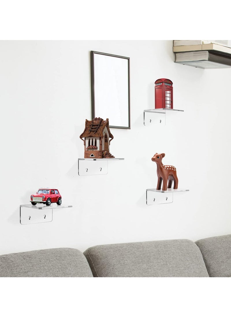12 Pack Small Acrylic Floating Wall Shelves with Adhesive Tape and Screw, Wall Mounted Adhesive Display Shelf Clear Acrylic Display Stand for Plants Amiibo Funko POP Figures Bathroom