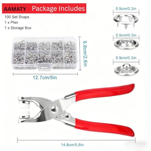 AAMATY Snap Button Fastener Kit with Pliers Tool (100 Sets) – Metal Press Stud Buttons for Clothes, Leather, Bags, DIY Craft – Stainless Steel Snap Kit with Storage Box (Silver) - Image 2