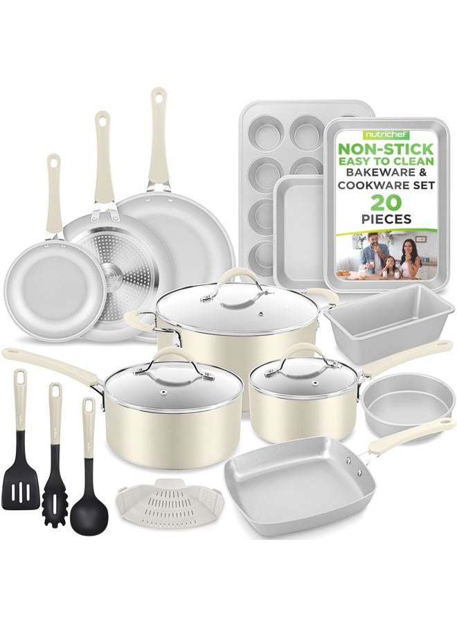 NutriChef 20-Piece Non-Stick Bakeware and Cookware Set - Utensils Including Pots and Baking Pans Made with Durable Aluminum, Tempered Glass Lids, Heat-Resistant Utensils, Easy-Clean Design (White) - Image 1