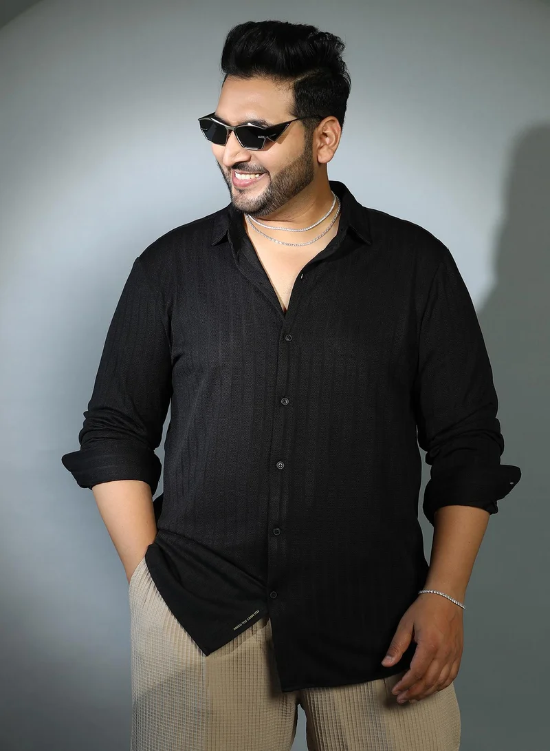 Instafab Plus Instafab Plus Men's Onyx Black Chevron-Panel Tactile Shirt For Casual Wear | Spread Collar | Long Cuffed Sleeves | Button Closure | Plus Size Shirt Crafted With Comfort Fit For Everyday Wear