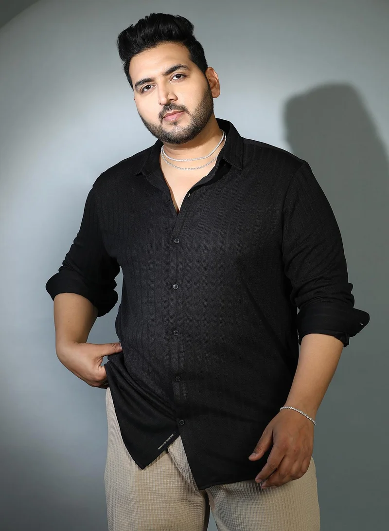 Instafab Plus Instafab Plus Men's Onyx Black Chevron-Panel Tactile Shirt For Casual Wear | Spread Collar | Long Cuffed Sleeves | Button Closure | Plus Size Shirt Crafted With Comfort Fit For Everyday Wear