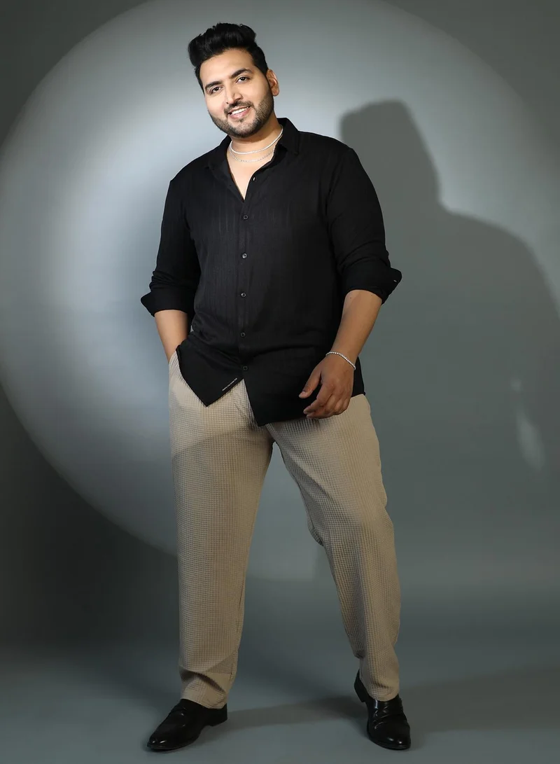 Instafab Plus  Instafab Plus Men's Onyx Black Chevron-Panel Tactile Shirt For Casual Wear | Spread Collar | Long Cuffed Sleeves | Button Closure | Plus Size Shirt Crafted With Comfort Fit For Everyday Wear for Men | Best Price UAE