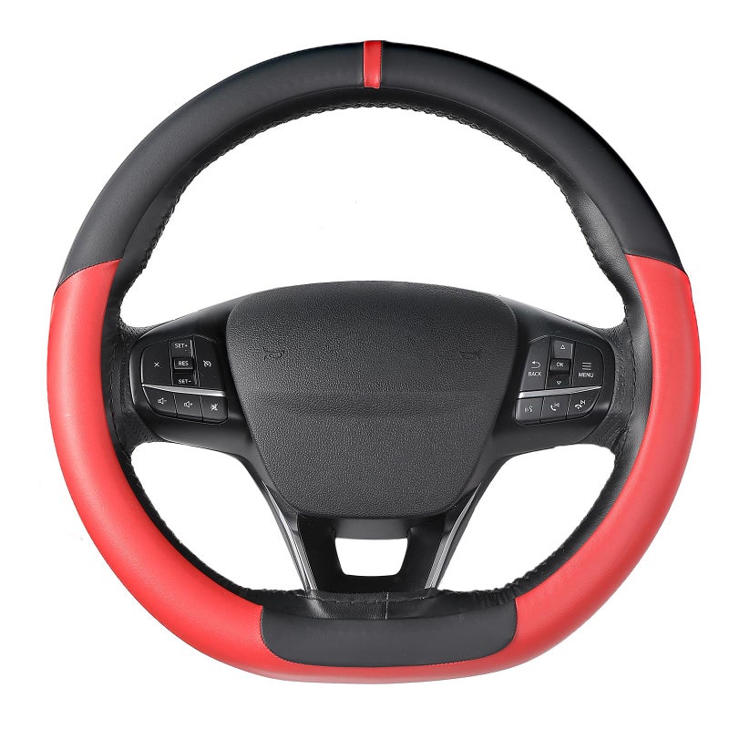 SEG Direct Flat Bottom Steering Wheel Cover, D Shaped Car Wheel Cover 14 1/2-15 in. (37-39 cm), Black Red Microfiber Leather - Image 1