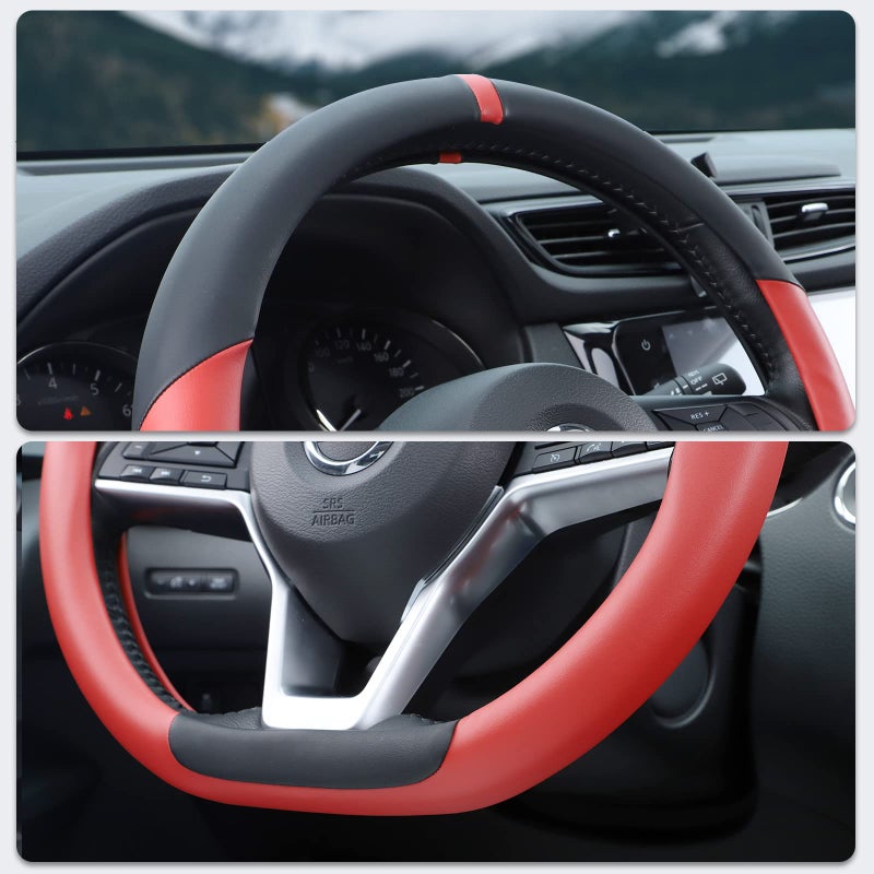 SEG Direct Flat Bottom Steering Wheel Cover, D Shaped Car Wheel Cover 14 1/2-15 in. (37-39 cm), Black Red Microfiber Leather - Image 2