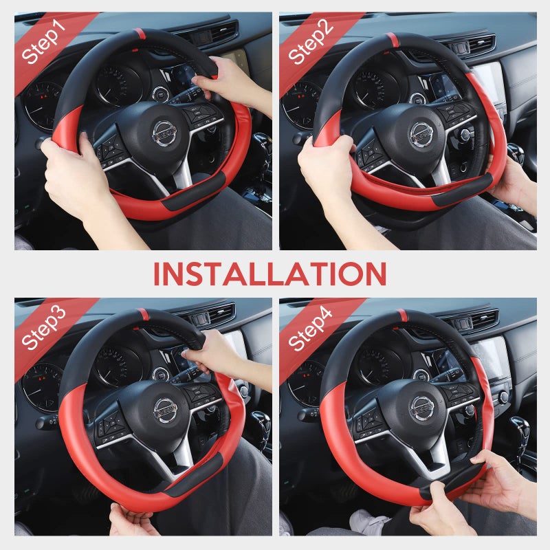 SEG Direct Flat Bottom Steering Wheel Cover, D Shaped Car Wheel Cover 14 1/2-15 in. (37-39 cm), Black Red Microfiber Leather - Image 4