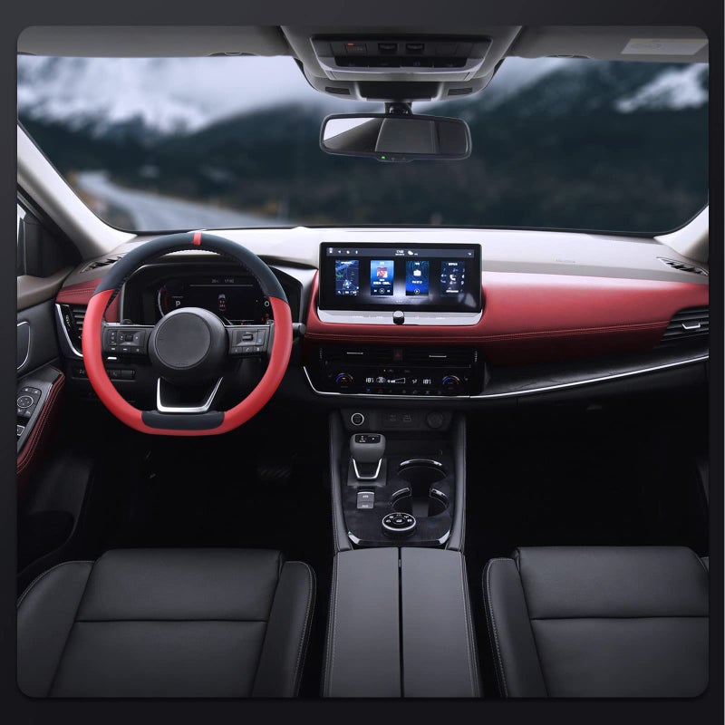 SEG Direct Flat Bottom Steering Wheel Cover, D Shaped Car Wheel Cover 14 1/2-15 in. (37-39 cm), Black Red Microfiber Leather - Image 5