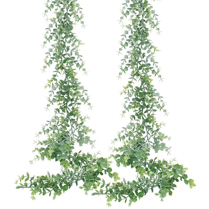 2 PACK FAUX EUCALYPTUS GARLAND 12FT ARTIFICIAL VINES FAKE HANGING EUCALYPTUS LEAVES GREENERY GARLAND FOR WEDDING BACKDROP ARCH WALL TABLE PARTY INDOOR OUTDOOR DECOR GREY GREEN