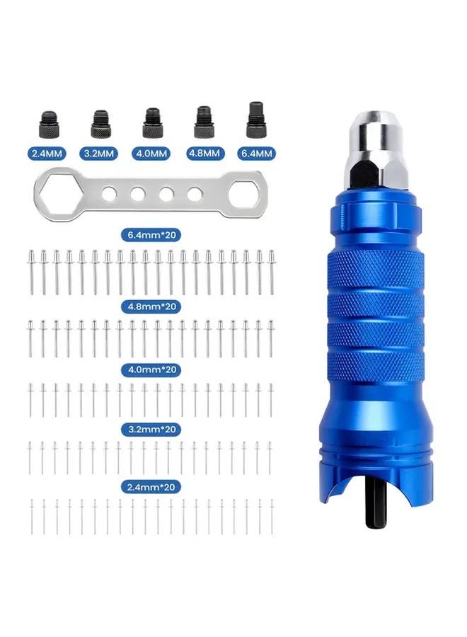Blue Rivet Gun Adapter Kit 5 Interchangeable Heads 100 Blind Rivets for Electric Drills - Image 1