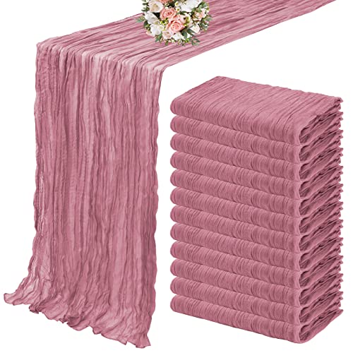 12 Pack Cheesecloth Table Runner 35 x 120 inch Long Boho Cheese Cloth Gauze Table Runners Semi Sheer Table Runner for Wedding Decor Bridal Shower Birthday Party Dusty Rose