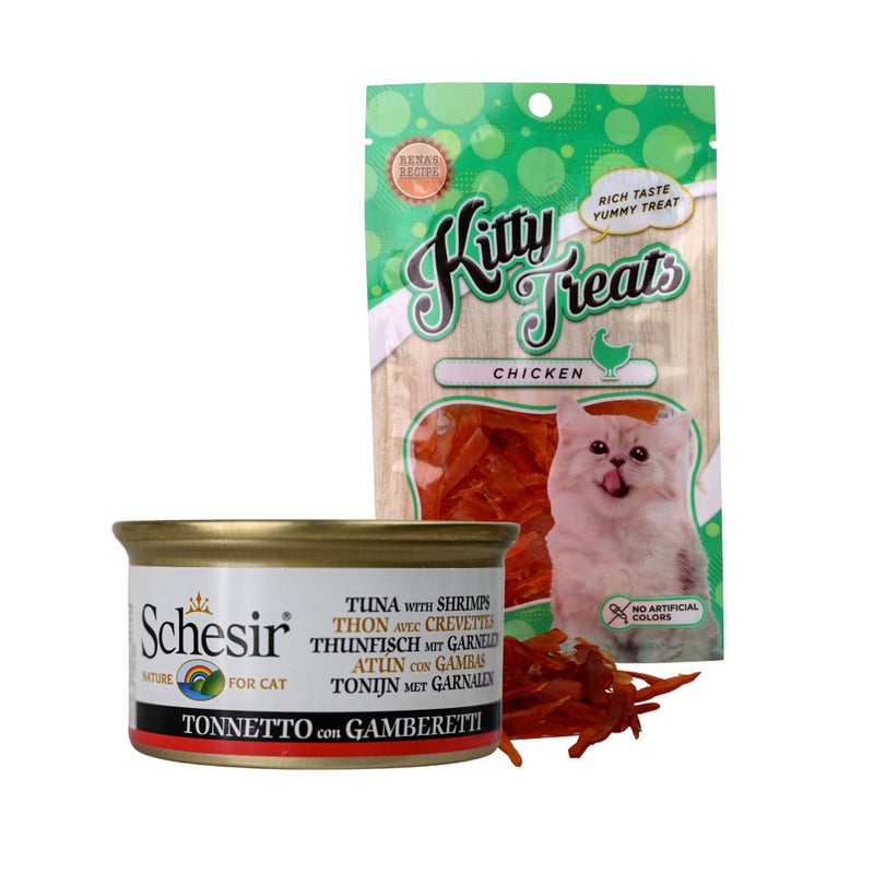 Schesir Tuna in Jelly with Shrimp Cat Wet Food (85g) + Kitty Treats Soft Chicken Jerky Sliced (30g) High-Protein Combo for Cats Real Tuna, Shrimp & Chicken Meal + Treat Pack - Image 1