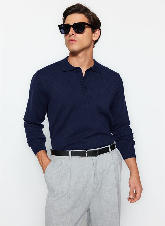 trendyol Navy Blue Men's Regular Polo Collar Plain Knitwear Sweater - Image 2