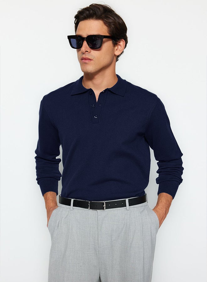 trendyol Navy Blue Men's Regular Polo Collar Plain Knitwear Sweater - Image 3