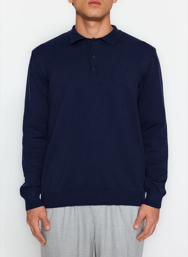 trendyol Navy Blue Men's Regular Polo Collar Plain Knitwear Sweater - Image 5