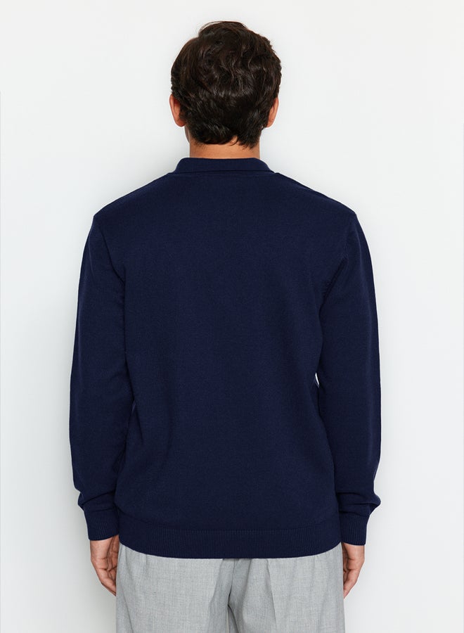 trendyol Navy Blue Men's Regular Polo Collar Plain Knitwear Sweater - Image 4