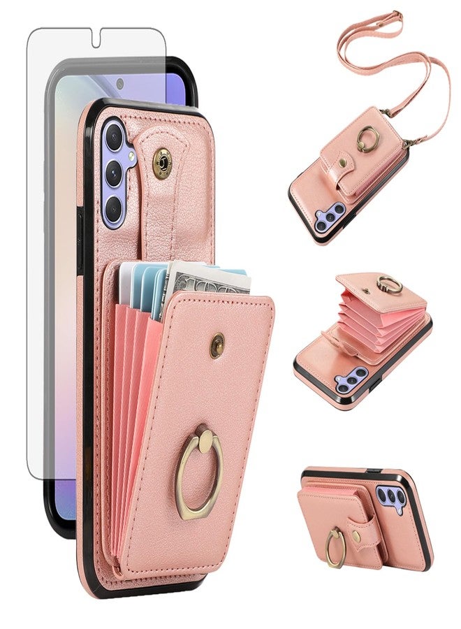أسو ويش جراب هاتف Asuwish لهاتف سامسونج جالاكسي A25 5G، غطاء محفظة مع واقي شاشة وحزام كتف وحلقة تثبيت، مزود بفتحة لبطاقات الائتمان بتقنية RFID، مصنوع من الجلد، لون ذهبي وردي، مناسب للرجال والنساء والفتيات. - Image 1