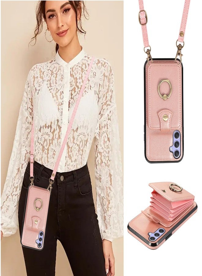 أسو ويش جراب هاتف Asuwish لهاتف سامسونج جالاكسي A25 5G، غطاء محفظة مع واقي شاشة وحزام كتف وحلقة تثبيت، مزود بفتحة لبطاقات الائتمان بتقنية RFID، مصنوع من الجلد، لون ذهبي وردي، مناسب للرجال والنساء والفتيات. - Image 4