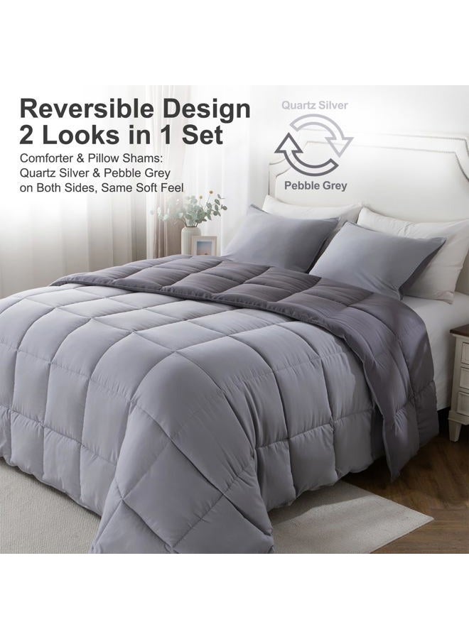 KASENTEX All Season Down Alternative Quilted Comforter Set Reversible Ultra Soft Duvet Insert Machine Washable, King, Quartz Silver/Pebble Grey - Image 2