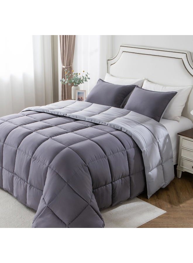 KASENTEX All Season Down Alternative Quilted Comforter Set Reversible Ultra Soft Duvet Insert Machine Washable, King, Quartz Silver/Pebble Grey - Image 1