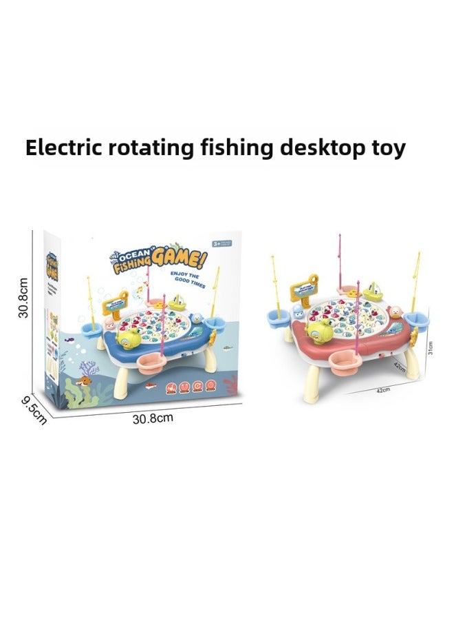 Generic - Electric Diaoyutai Toy Oversized Fishing Table Rotating Music Magnetic Fishing Rod Parent-Child Interactive Game Toy-color:Puzzle Cartoon Ocean Kingdom Electric Rotating Fishing Plate Desktop Interactive Game Bean Paste Red Small - Image 1