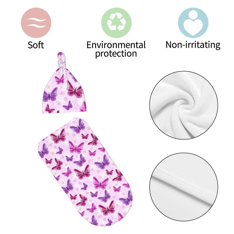 Lcokin Butterfly Baby Stuff Swaddle Blanket Newborn Baby Swaddling Blanket Sleep Sack with Beanie Hat Sets for Boys Girls Infant and Baby Shower Unisex - Image 5