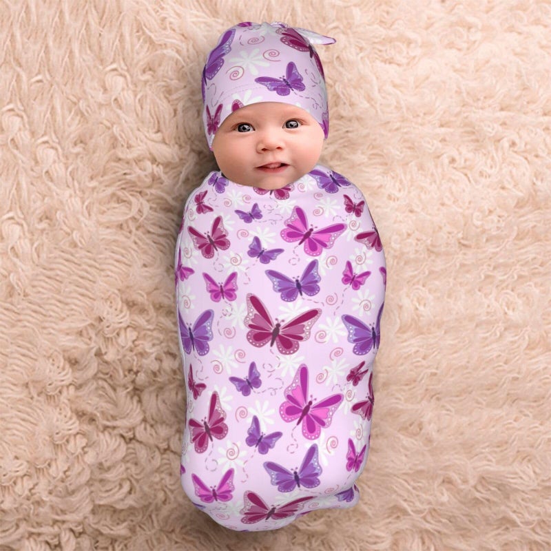 Lcokin Butterfly Baby Stuff Swaddle Blanket Newborn Baby Swaddling Blanket Sleep Sack with Beanie Hat Sets for Boys Girls Infant and Baby Shower Unisex - Image 3