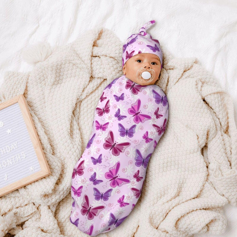 Lcokin Butterfly Baby Stuff Swaddle Blanket Newborn Baby Swaddling Blanket Sleep Sack with Beanie Hat Sets for Boys Girls Infant and Baby Shower Unisex - Image 4