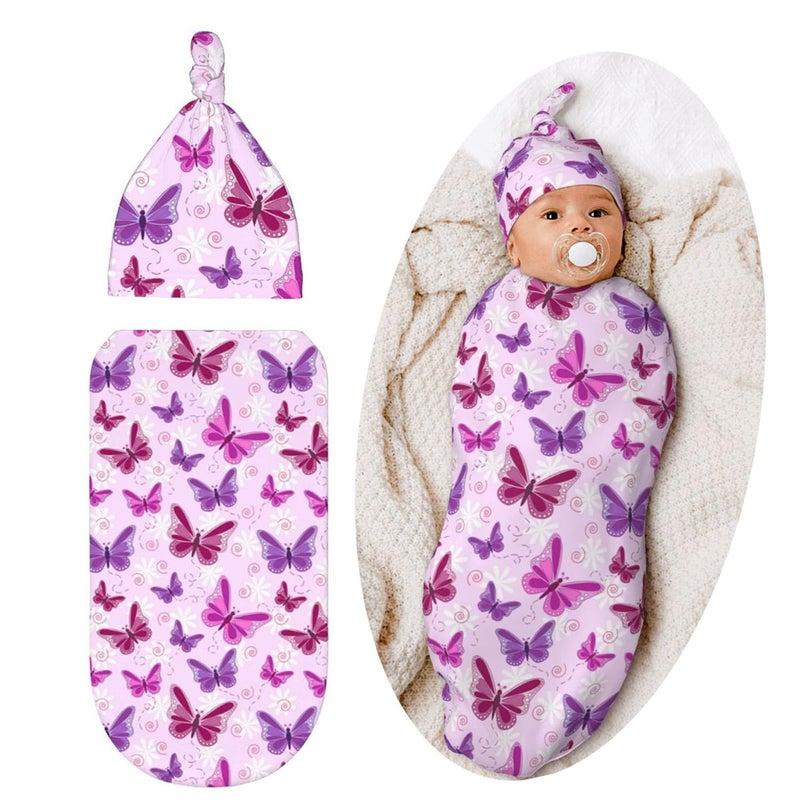 Lcokin Butterfly Baby Stuff Swaddle Blanket Newborn Baby Swaddling Blanket Sleep Sack with Beanie Hat Sets for Boys Girls Infant and Baby Shower Unisex - Image 1