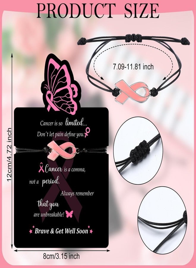Woanger 50 Sets Breast Cancer Awareness Bracelet Pink Ribbon Adjustable Cord Bracelet with Inspirational Card for Women(Lovely Style,Black) - Image 2