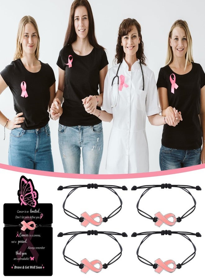 Woanger 50 Sets Breast Cancer Awareness Bracelet Pink Ribbon Adjustable Cord Bracelet with Inspirational Card for Women(Lovely Style,Black) - Image 3