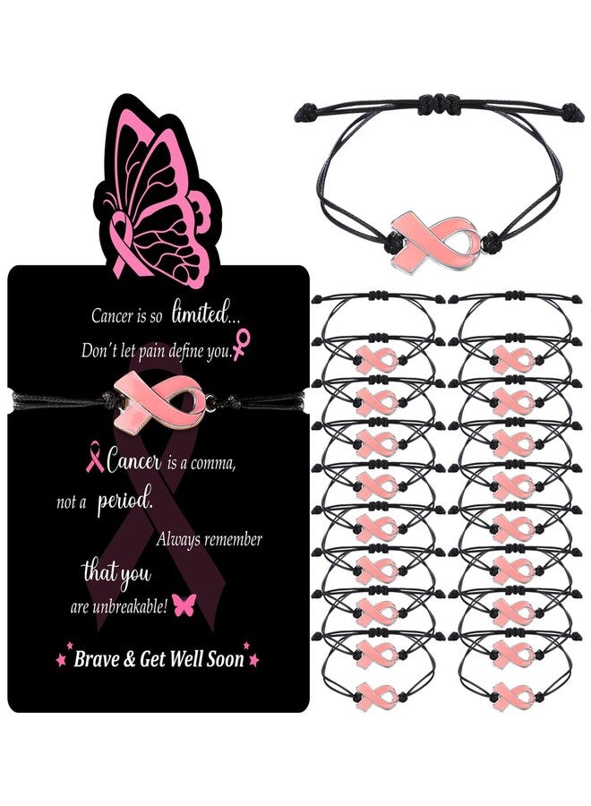 Woanger 50 Sets Breast Cancer Awareness Bracelet Pink Ribbon Adjustable Cord Bracelet with Inspirational Card for Women(Lovely Style,Black) - Image 1