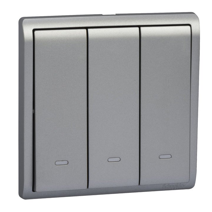 Schneider Electric مفتاح Schneider Electric 20A-16AX 250V 3 Gang 2 way مع محدد فلورسنت، فضي من الألومنيوم - E8233L2F20_AS_G1 - Image 1