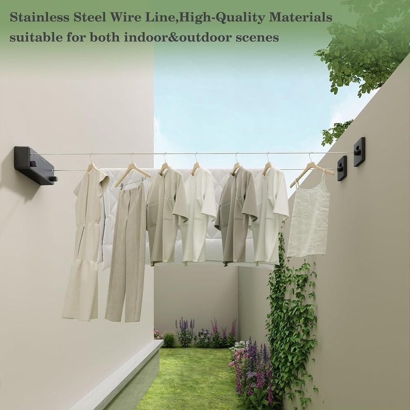 Danpoo Retractable Clothesline Outdoor Heavy Duty, 2x13.8ft Stainless Steel Double Clothes Line for Outdoors - for Patio/Backyard/RV Wall Mounting(Black) - Image 3