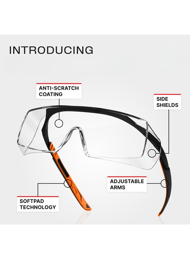 نظارات أمان مضادة للضباب تناسب النظارات ذات العدسات المقاومة للخدش فوق النظارات، نظارات أمان للرجال والنساء مع معابد قابلة للتعديل (برتقالي) - Image 2