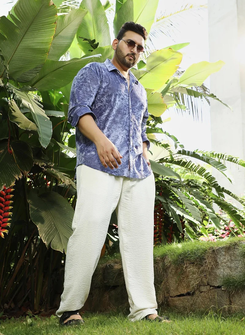 Instafab Plus  Instafab Plus Men's Cornflower Blue Solid Velvet Shirt For Casual Wear | Spread Collar | Long Cuffed Sleeves | Button Closure | Plus Size Shirt Crafted With Comfort Fit For Everyday Wear for Men | Best Price UAE