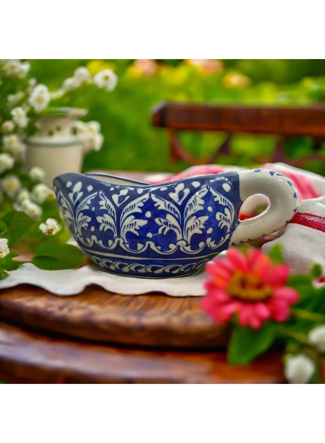 Arraish Zahriya Ceramic Sauce Boat – 6.5” Serving Pot for Gravy, Chutneys & Sauces – Hand-Painted Ocean Blue Pattern – Microwave, Oven, Dishwasher Safe  - Image 1