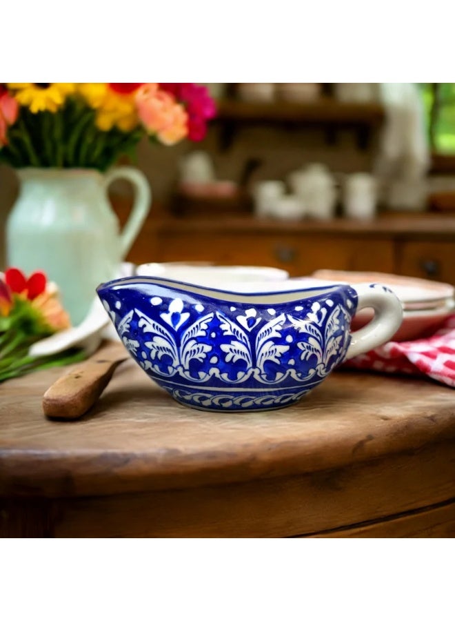 Arraish Zahriya Ceramic Sauce Boat – 6.5” Serving Pot for Gravy, Chutneys & Sauces – Hand-Painted Ocean Blue Pattern – Microwave, Oven, Dishwasher Safe  - Image 2