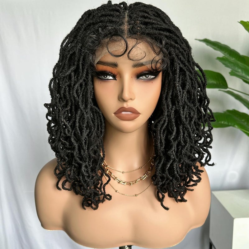 SOKU Curly Faux Locs Lace Frontal Wig 14 Inch Natural Black 4x4 Large Doublelace Twist Dreadlock Wigs for Black Women Afro Curly Braided Synthetic Wig