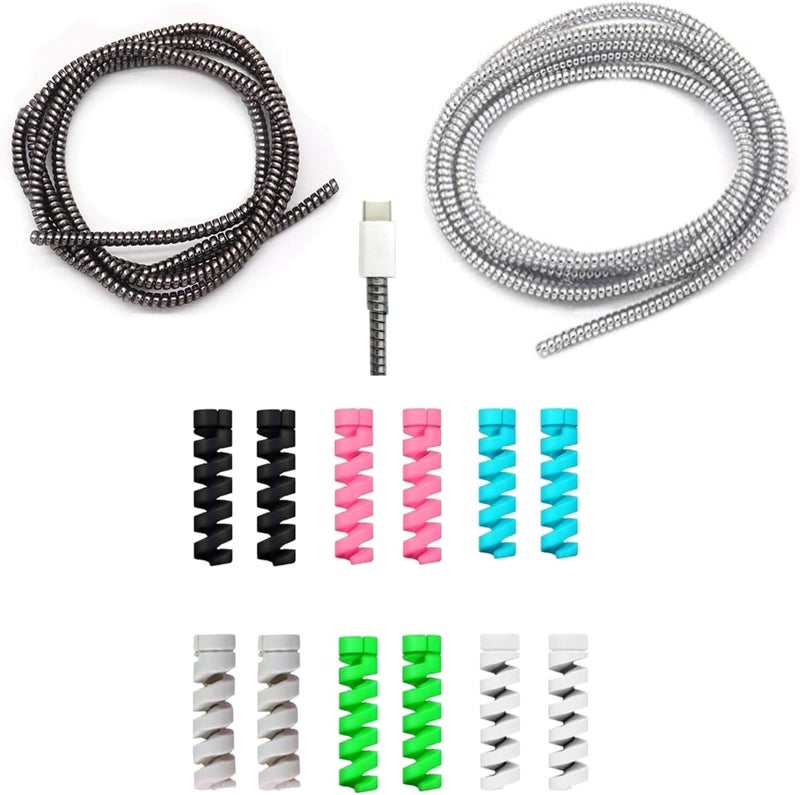 Like Star مجموعة حماية الكابلات ® – 2 غلاف كابلات فاخر + 12 قطعة من محافظ الأسلاك الملونة لكابلات USB والشحن والسماعات الرأسية – مجموعة تنظيم الأسلاك المضادة للتآكل للهواتف وأجهزة الكمبيوتر والمنزل والمكتب (اللون الفضي) - Image 1