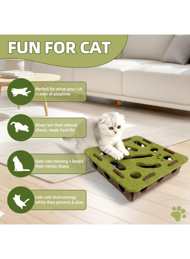 Bukela Interactive Soft Felt Cat Puzzle Toy with Ball and Bell，cat Nail File Enrichment Box，Cat Toy Box for Indoor Cats and Kittens，Indoor Hunting Play Toy (Green) - Image 5
