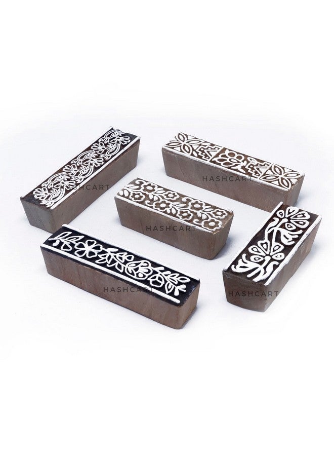 Hashcart Hashcart Border Shaped Wooden Printing Stamps - Block Printing Stamps for Textile, Fabric, Tote Bags, Kids Craft Activity, Wood Hand Blocks for Saree Border - Set of 5  - Image 1
