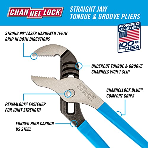 CHANNELLOCK 430 10-inch Straight Jaw Tongue & Groove Pliers, Made in USA, 2-inch Jaw Capacity, Laser Heat-Treated 90° Teeth, Forged High Carbon Steel - Image 2