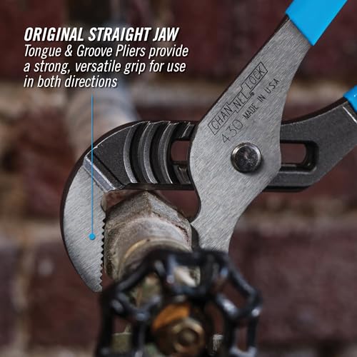 CHANNELLOCK 430 10-inch Straight Jaw Tongue & Groove Pliers, Made in USA, 2-inch Jaw Capacity, Laser Heat-Treated 90° Teeth, Forged High Carbon Steel - Image 3