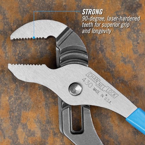 CHANNELLOCK 430 10-inch Straight Jaw Tongue & Groove Pliers, Made in USA, 2-inch Jaw Capacity, Laser Heat-Treated 90° Teeth, Forged High Carbon Steel - Image 4