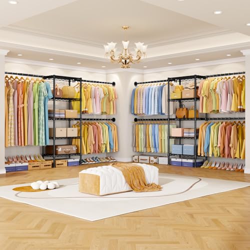 Ulif M2 Wall Mounted Closet System, Clothes Rack Mounted onto the Wall with 4 Expandable Hanger Rods and 5 Metal Shelves, Clothing Organizer Storage in (70.8-102.3)" L x 14.5" D x 71.2" H, Black - Image 5