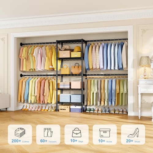 Ulif M2 Wall Mounted Closet System, Clothes Rack Mounted onto the Wall with 4 Expandable Hanger Rods and 5 Metal Shelves, Clothing Organizer Storage in (70.8-102.3)" L x 14.5" D x 71.2" H, Black - Image 3