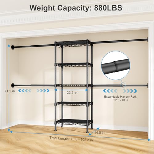 Ulif M2 Wall Mounted Closet System, Clothes Rack Mounted onto the Wall with 4 Expandable Hanger Rods and 5 Metal Shelves, Clothing Organizer Storage in (70.8-102.3)" L x 14.5" D x 71.2" H, Black - Image 4