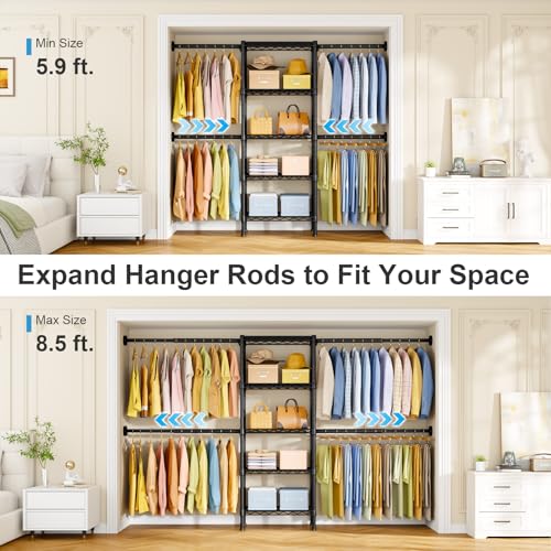 Ulif M2 Wall Mounted Closet System, Clothes Rack Mounted onto the Wall with 4 Expandable Hanger Rods and 5 Metal Shelves, Clothing Organizer Storage in (70.8-102.3)" L x 14.5" D x 71.2" H, Black - Image 2